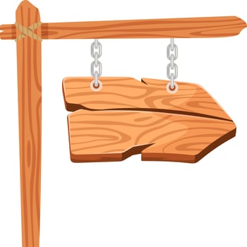Wooden arrow sign featuring ample copy space, hanging from metal chains on a rustic wooden post, with a rope elegantly wrapped around it, set against a clean white background vector
