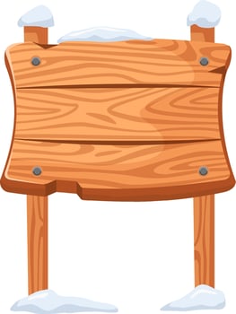 Wooden sign covered in snow at the top and bottom, supported by two wooden poles, set against a white background, providing ample space for text and messages vector