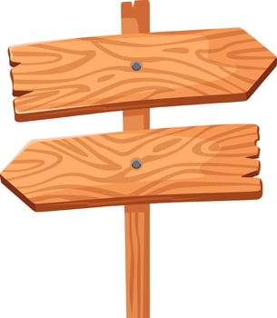 Two weathered wooden arrow signs with nails are pointing in opposite directions, mounted on a single post, creating a simple yet effective wayfinding tool vector