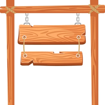 Two wooden planks hanging from sturdy metal chains and ropes, supported by additional wooden ties, create a perfect backdrop for displaying text or directional information vector