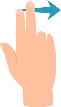 Open hand using two fingers to scroll horizontally across a touchscreen, accompanied by a blue arrow indicating the direction of movement from left to right vector