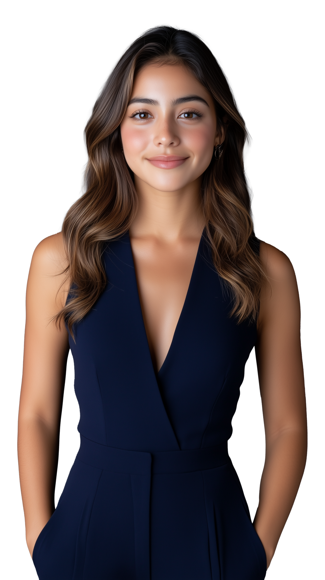Professional portrait of a young woman in a stylish outfit on a transparent background png