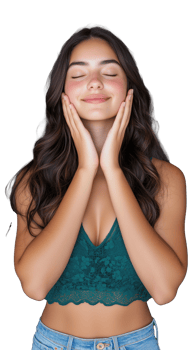 Young Woman Smiling with Hands on Face on Transparent Background png