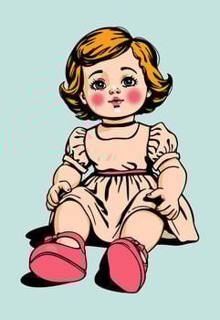 Cute vintage doll with red hair and rosy cheeks in elegant dress and mary jane shoes. isolated illustration vector