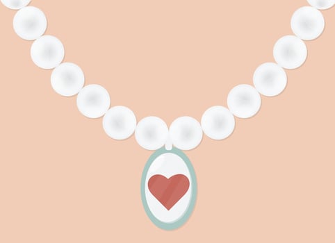 Pearl necklace with pendant. Heart shaped jewelry on skin colored background. vector