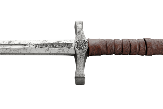A detailed sword featuring an intricate hilt and a weathered blade, showcasing craftsmanship and historical design elements. png