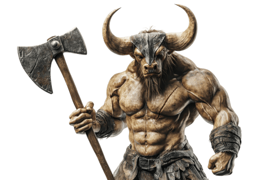 A muscular humanoid figure with bull-like features, wielding a large axe, showcasing strength and ferocity. png