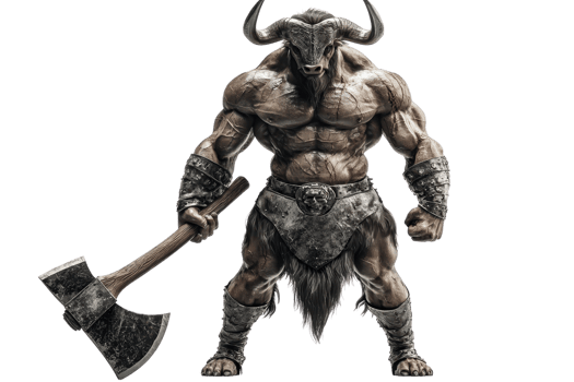 A muscular creature with a bull's head wields a massive axe, showcasing strength and fierce presence. png
