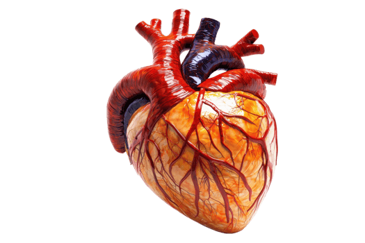 A detailed anatomical model of a human heart showcasing its structure, including arteries and veins. png