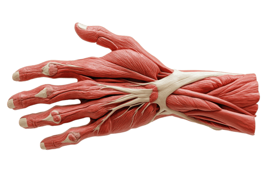 A detailed anatomical model of a human hand showcasing muscles and tendons, highlighting the intricate structure and functionality. png