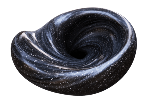 A polished, swirling black stone sculpture with shimmering specks, resembling a delicate spiral shell or abstract form. png
