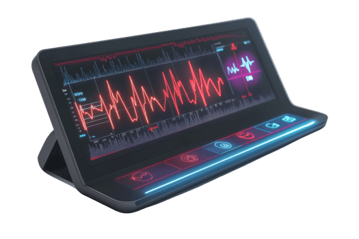 A sleek, modern monitor displaying a vibrant heartbeat waveform with interactive icons for health monitoring. png
