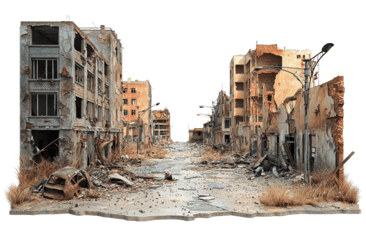 A desolate urban street lined with deteriorating buildings, showcasing signs of decay and neglect. png