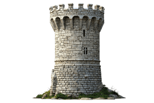A medieval stone tower with crenellations, featuring a sturdy structure and small windows, evoking a historic and fortified aesthetic. png