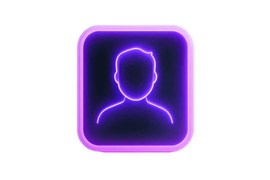 A neon icon depicting a stylized silhouette of a person, characterized by a bright purple outline against a dark background. png