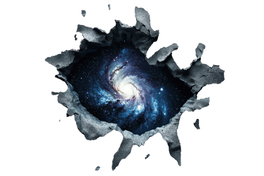 A swirling galaxy reveals a cosmic scene through a cracked surface, showcasing deep blues and bright highlights in a spiral formation. png