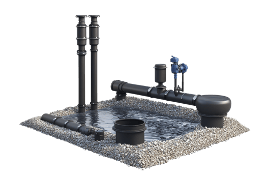 A detailed representation of a water pipeline system featuring various pipes, valves, and a reservoir base. png