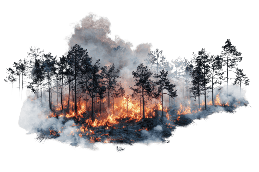 A forest engulfed in flames, with thick smoke rising amidst the burning trees. png