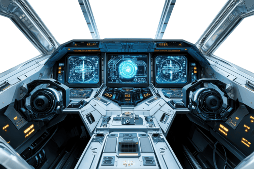 A futuristic spaceship cockpit featuring advanced control panels, digital displays, and sleek, modern design elements in a dark space environment. png