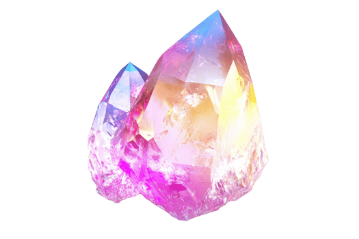 A vibrant crystal formation featuring sharp edges and a spectrum of colors, showcasing hues of pink, purple, and yellow. png