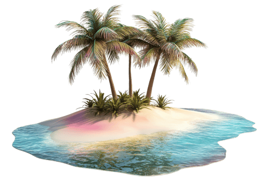 A tropical island with three palm trees and surrounding water, showcasing a serene and vibrant landscape. png