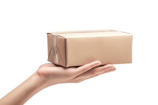A hand holding a small, plain cardboard box against a transparent background, symbolizing delivery or packaging. png