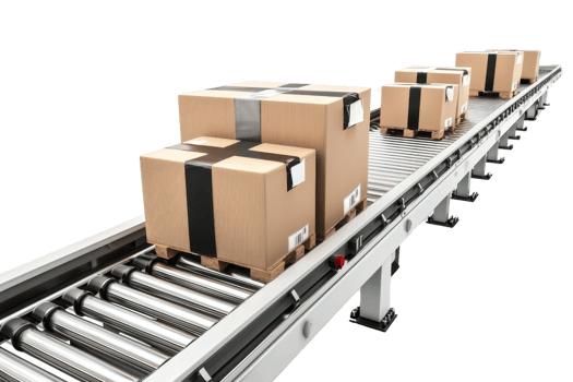A series of cardboard boxes on a conveyor belt against a transparent background, showcasing a logistics or shipping process. png
