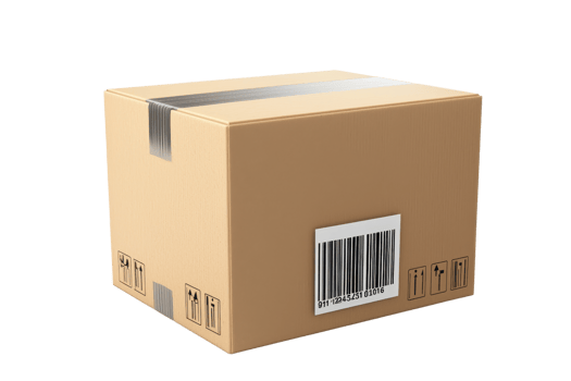 A cardboard box featuring a barcode label, commonly used for shipping or storage. png