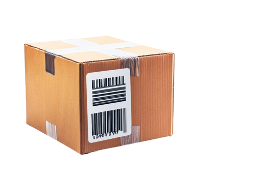 A cardboard box with tape and a barcode label prominently displayed on one side. png