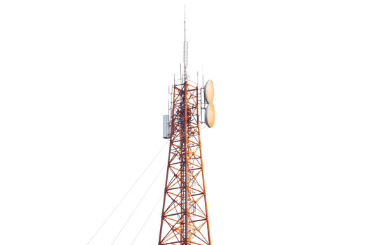 A tall communication tower with antennas, prominently displaying its structure against a dark backdrop. png