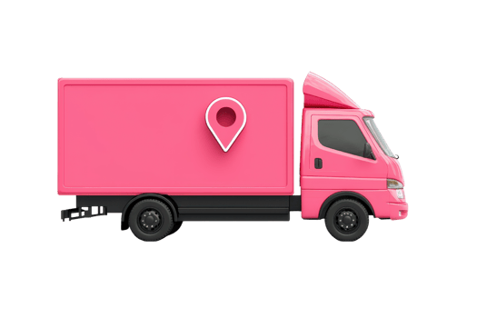 A pink delivery truck featuring a location pin on its side, symbolizing logistics and navigation. png