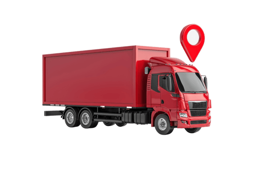 A bright red delivery truck with a large cargo container and a location marker symbol. png