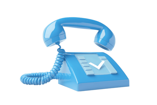 A vintage-style blue telephone with a checkmark symbol on the base, representing communication and connectivity. png