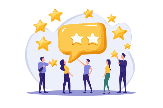 A group of people discussing feedback with a speech bubble featuring two stars, indicating a rating or review. png