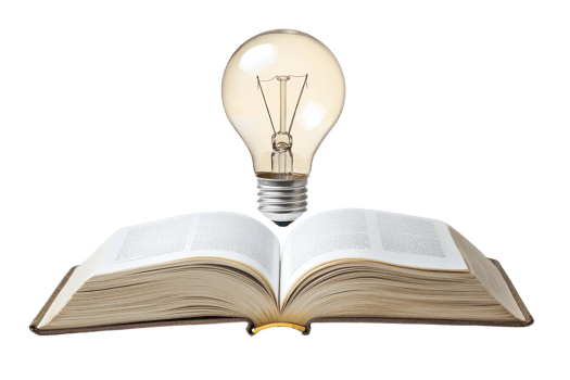 An open book with pages fanned out, topped by a glowing light bulb symbolizing knowledge and ideas. png