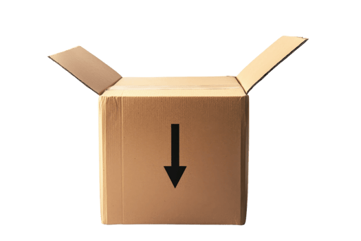 A simple cardboard box with an arrow indicating downward movement, featuring flaps that are open. png