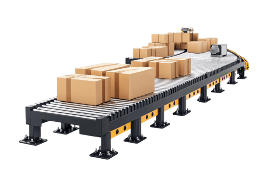 A conveyor belt transporting numerous cardboard boxes efficiently arranged along its length. png