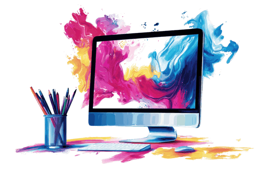 A modern computer displays vibrant colors and artistic splashes, suggesting creativity and digital design. png