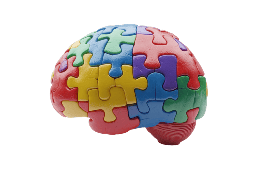A colorful puzzle-shaped brain highlighting cognitive diversity and problem-solving concepts. png
