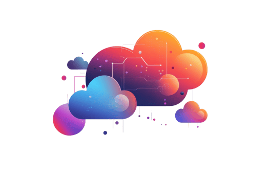 Colorful, stylized clouds with a digital folder symbol, representing cloud storage and technology. png