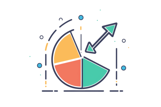 A colorful pie chart with an upward arrow indicating growth or progress. png