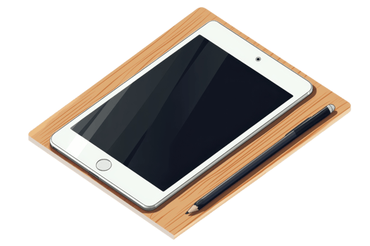 A sleek tablet rests on a wooden surface alongside a pencil, featuring a large black screen, designed for modern computing and creativity. png