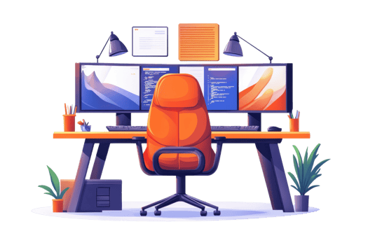 A modern workspace featuring a desk with dual monitors, an ergonomic orange chair, and decorative plants. png