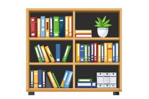 A wooden bookshelf with colorful books, binders, and a potted plant. png