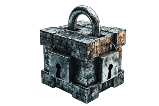 An aged, metallic padlock with a rugged texture and intricate detailing, symbolizing security and protection. png