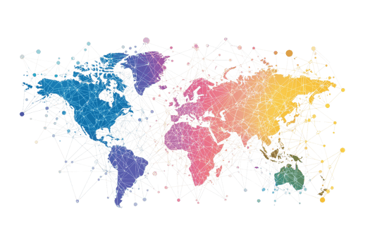 A colorful, artistic representation of a world map with intricate lines connecting various regions, symbolizing global connectivity and relationships. png