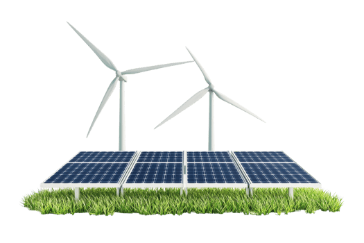 Renewable energy setup featuring wind turbines and solar panels integrated with green grass elements. png