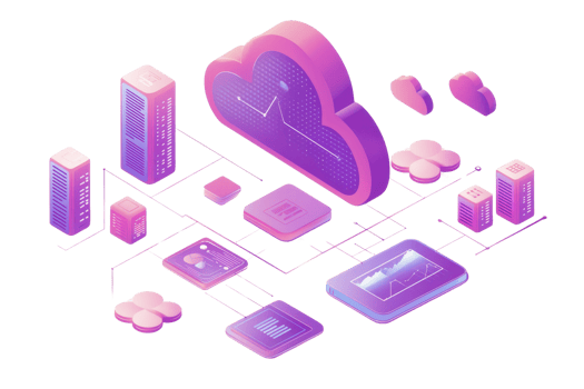 A colorful cloud-shaped object with various digital devices and icons representing data storage and management technologies. png