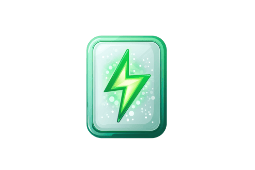 A shiny green lightning bolt icon in a square frame with a soft bubble pattern signifies energy or power. png