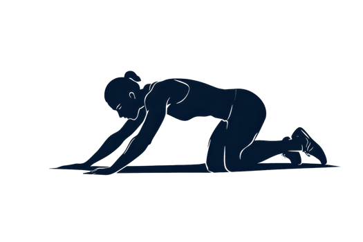 A figure in a crawling position, engaging in a stretching or warming-up exercise, emphasizing flexibility and movement. png